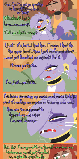 anthro bell bottomwear clothing collar duo ear_piercing eyelashes fangs female female_anthro fur green_eyes hair jingle_bell larger_male male male/female orange_eyes piercing purple_body purple_fur red_hair shirt shorts size_difference smaller_female sunset tank_top teeth text topwear town whiskers shane_frost bandai_namco digimon fakemon trevor_(shane_frost) digimon_(species) fan_species human lindremon mammal absurd_res colored comic digital_media_(artwork) english_description english_text hi_res long_image tall_image