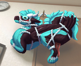 2_penises accident accidental_exposure bdsm blue_body blue_fur blush blush_lines bondage bound brown_body brown_fur erection feral fur genitals head_crest horn intersex knot knotted_penis legs_tied maleherm multi_genitalia multi_penis muscular ovipositor_penis penile_spines penis restraints rope rope_around_neck rope_bondage solo unwanted_erection wings_tied luviali_notwee mythology kraalor_chthau_(reks_lih) dragon furred_dragon furred_scalie mythological_creature mythological_scalie scalie draw_over