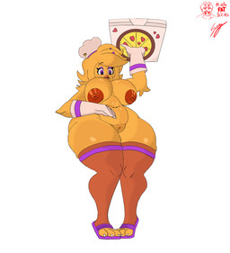 anthro areola big_breasts big_butt blonde_hair box breasts butt chef_hat claws clothing container female food genitals gloves hair handwear hat headgear headwear holding_object leggings legwear paws pizza pizza_box plantigrade simple_background solo thick_thighs vulva white_background yellow_body sigmalonelywolf chiku_(cryptiacurves) avian bird humanoid