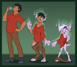 black_hair blush bottomwear clothing drinking female footwear gender_transformation green_background growth hair holding_object holding_potion male mtf_transformation open_mouth pants potion red_clothing red_shirt red_topwear shirt shoes short_hair shrinking simple_background size_transformation solo species_transformation standing surprised tail tail_growth topwear transformation tf-sential ace_(acesential) human imp mammal 2021