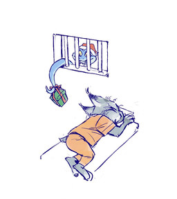 anthro bed blue_body blue_scales bottomwear box christmas_clothing christmas_headwear clothed clothing container duo ear_tuft fangs feral fur furniture gift_box gift_wrapped grey_body grey_fur hat headgear headwear holidays male orange_bottomwear orange_clothing orange_jumpsuit orange_pants orange_shirt orange_topwear pants prison_cell prison_uniform prisoner santa_hat scales shirt simple_background sleeping tail teeth topwear tuft white_background yellow_eyes jjojjo110110 christmas disney zootopia gary_de'snake pawbert_lynxley felid feline lynx mammal pit_viper reptile scalie snake viper 2025 digital_media_(artwork)