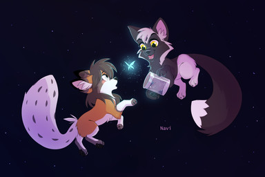 chibi container duo female feral floating glowing glowing_body jar male night smile space sparkles naviheart angel_(naviheart) ether_silver_fox arthropod butterfly canid canine canis fox insect lepidopteran mammal red_fox silver_fox true_fox wolf 3:2 hi_res