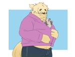 anthro black_nose bottomwear clothing duo eyes_closed eyewear feral glasses hoodie kemono male overweight overweight_male pants simple_background topwear inunoshippo canid canine canis domestic_dog mammal raccoon_dog tanuki 2024 4:3 hi_res