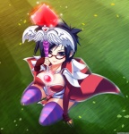 arm_warmers armwear black_hair blue_eyes breasts clothing eyewear female glasses hair heart_symbol looking_at_viewer not_furry ranged_weapon smile solo weapon unknown_artist league_of_legends riot_games tencent vayne_(lol) human mammal