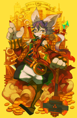 ambiguous_gender anthro axe bag belt black_nose boots bottomless bottomwear building button_(fastener) clothed clothing coin colored_nails double_bitted_axe fantasy_weapon footwear fur gem gold_(metal) gold_coin grey_body grey_fur hair kemono looking_at_viewer melee_weapon nails necktie orange_eyes pants ponytail purple_hair red_nails ribbons sack shirt shoes simple_background smile solo sparkles stripes sword topwear treasure weapon wraps yellow_background rikose pixiv_fantasia mammal 2013