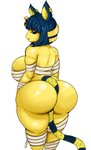 absurd_res accessory animal_crossing ankha_(animal_crossing) anthro arm_wraps big_breasts big_butt black_eyes blue_hair breasts bubble_butt butt chest_wraps clothed clothing cute_fangs domestic_cat egyptian eyeshadow felid feline felis female fur glistening glistening_body glistening_butt glistening_fur hair hair_accessory half-closed_eyes hi_res huge_breasts jewelry leg_wraps looking_at_viewer looking_back makeup mammal markings narrowed_eyes nintendo no_underwear purple_eyeshadow rac0r rear_view ring_(marking) ringed_tail simple_background solo standing striped_markings striped_tail stripes tail tail_markings thick_thighs uraeus white_background wide_hips wraps yellow_body yellow_fur