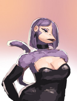 alternate_species anthro armwear bare_shoulders breasts choker cleavage clothed clothing dress ear_piercing elbow_gloves eyeshadow female fur furrification gloves hair hair_over_eye handwear jewelry makeup necklace open_mouth piercing purple_body purple_fur short_hair simple_background solo tail redustheriotact duolingo lily_(duolingo) haplorhine mammal monkey primate 2025 hi_res sketch