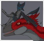 3_fingers 3_toes anthro black_body black_feathers black_sclera black_scutes black_wings blue_body blue_eyes blue_feathers border carrying_another casual_nudity chest_tuft claws crossed_legs duo extreme_size_difference feathered_theropod feathers feet female female_anthro feral fingers grey_background grey_body grey_feathers looking_at_viewer male male_feral nude nude_anthro nude_female nude_feral nude_male on_head red_body red_eyes red_feathers scuted_hands scutes simple_background sitting_on_another sitting_on_head size_difference toes tuft white_border white_claws winged_arms wings wyatttheriot aria_(avali) wyatt_hill avali avian dinosaur dromaeosaurid feathered_dinosaur feathered_dromaeosaurid feathered_raptor feathered_scalie prehistoric_species reptile scalie theropod utahraptor 2022 hi_res female_(lore) male_(lore)