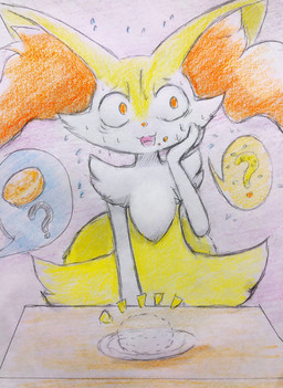 ambiguous_anthro ambiguous_gender anthro big_tail biped bodily_fluids crumbs crumbs_on_face dishonesty dotted_outline eyebrows flying_sweatdrops front_view hand_on_cheek looking_away open_:3 open_mouth question_mark raised_inner_eyebrows simple_background solo speech_bubble standing sweat sweatdrop tail tongue eiroru nintendo pokemon braixen canid generation_6_pokemon mammal pokemon_(species) 2018 colored_pencil_(artwork) graphite_(artwork) half-length_portrait hi_res japanese_description pictographics portrait traditional_media_(artwork) translated_description