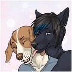 anthro black_body black_fur black_hair black_nose blue_eyes border brown_eyes brown_nose clothing duo ear_piercing ear_ring ears_up eyebrows face_lick fur hair highlights_(coloring) hug licking male male/male one_eye_closed open_mouth piercing ring_piercing romantic romantic_couple shirt simple_background smile tan_body tan_fur teeth tongue tongue_out topwear twitching_ear v-neck white_border gaikotsu airam tauski canid canine canis domestic_dog mammal wolf 1:1