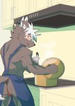 anthro apron asian_clothing black_body black_fur butt clothing cooking cooking_pot east_asian_clothing facial_scar fundoshi fur hair japanese_clothing kitchen_utensils ladle male scar solo tools underwear white_hair ruentn lifewonders tokyo_afterschool_summoners tadatomo_(tas) canid canine canis domestic_dog mammal hi_res