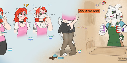 2_horns anthro apron barista blue_clothing blue_shirt blue_t-shirt blue_topwear bracelet clothing coffee_cup container cup ear_piercing female ftm_transformation gender_transformation grabbing_own_penis green_apron green_clothing horn human_to_anthro jewelry lgbt_pride male masculinization moan necklace personality_change piercing pride_colors sexuality_change shirt smile solo species_transformation t-shirt tearing_clothing time_skip topwear torn_clothing transformation transgender_pride_colors vincian_pride_colors foxx undertale undertale_(series) asriel_dreemurr_(god_form) bovid caprine goat human mammal hi_res sequence