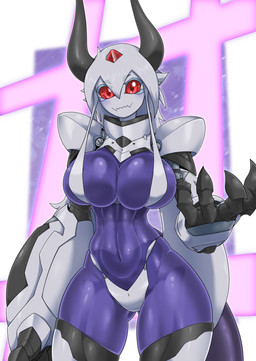 2_horns 5_fingers abstract_background big_breasts big_hands breast_squish breasts cleavage clothed clothing curvy_figure female fingers front_view full_cleavage grey_body grey_hands grey_horn grey_skin grey_tail hair head_horn horn huge_breasts inner_boob long_hair machine metallic_hair monotone_horn multicolored_body multicolored_skin not_furry pseudo_hair purple_body purple_skin red_eyes red_sclera solo squish standing tail topwear translucent translucent_body translucent_body_parts white_body white_hair white_skin yuuyatails orca_(pochincoff) android horned_humanoid humanoid robot robot_humanoid tailed_humanoid absurd_res digital_media_(artwork) hi_res portrait three-quarter_portrait