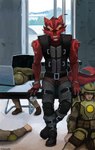 anthro armor corpse desk dog_tags furniture headgear helmet male office solo table misterfyrryman dreamkeepers fallout microsoft minutemen_(fallout) ravat_larak canid canine human mammal absurd_res hi_res