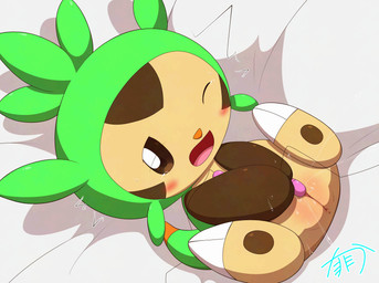 anus blush bodily_fluids brown_body egg_vibrator female female_feral feral genital_fluids genitals green_body lying masturbation on_back one_eye_closed sex_toy solo vaginal vaginal_fluids vaginal_masturbation vibrator vulva minami_(artist) nintendo pokemon chespin generation_6_pokemon pokemon_(species) absurd_res hi_res signature