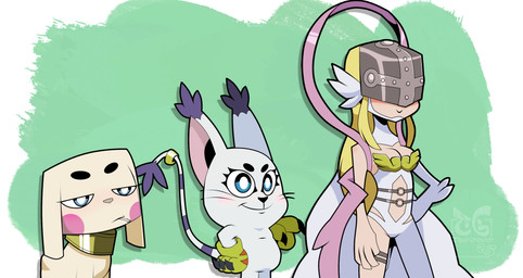 accessory ambiguous_anthro ambiguous_gender anthro armor big_breasts blonde_hair blue_eyes blush breasts clothed clothed_female clothed_humanoid clothing collar feathered_wings feathers female female/ambiguous female_humanoid fully_clothed fully_clothed_female fully_clothed_humanoid fur furgonomics gloves group hair handwear headgear helmet humanoid_on_anthro jewelry larger_female larger_humanoid not_furry nude_ambiguous nude_anthro ring simple_background size_difference smaller_ambiguous smaller_anthro tail tail_accessory tail_jewelry tail_ring trio white_body white_fur wings toongrowner bandai_namco digimon mythology angel angewomon canid canine digimon_(species) domestic_cat felid feline felis gatomon human humanoid mammal mythological_creature salamon absurd_res digital_media_(artwork) hi_res