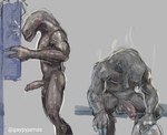 balls bodily_fluids duo erection foreskin genital_fluids genitals humanoid_genitalia humanoid_penis locker_room looking_at_viewer male noticing nude penis precum scar side_view sitting steam steaming gaypyjamas halo_(series) microsoft xbox_game_studios alien sangheili hi_res sketch