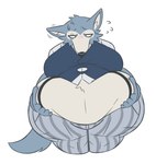 anthro belly big_belly blue_body blue_fur blush clothed clothing embarrassed fur groping_belly male moobs obese overweight overweight_male pinstripe_pants raised_clothing raised_shirt raised_topwear scar school_uniform shirt solo suspenders tan_body tan_fur topwear uniform vest weight_gain xxedge beastars legoshi_(beastars) canid canine canis mammal wolf hi_res