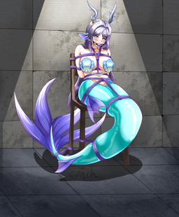 alternate_species antlers arms_bound_behind_back arms_tied ball_gag bdsm big_breasts blush bondage bound breasts ear_fins female fin gag heart_eyes heart_symbol horn light_body light_skin mermaid_tail mermaidification solo split_form spotlight_beam tail tail_tied tied_to_chair conch_(pixiv) genshin_impact mihoyo lauma aquatic humanoid_merfolk merfolk 2026 absurd_res hi_res