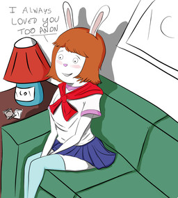 anthro biped blind blush bottomwear brown_hair clothing condom disability female furniture hair lamp miniskirt sexual_barrier_device sitting skirt smile sofa solo unknown_artist arthur_(series) marina_datillo lagomorph leporid mammal rabbit hi_res