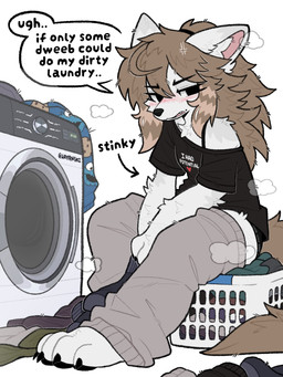 4_toes anthro appliance barefoot big_feet black_clothing black_shirt black_topwear blush bottomwear bottomwear_down brown_hair brown_tail claws clothed clothed_anthro clothed_female clothing dialogue eyebrows eyelashes feet female female_anthro fingers fur hair inner_ear_fluff laundry laundry_machine long_hair markings mole_(marking) oversized_bottomwear oversized_clothing pants pants_down partially_clothed sagging_pants shirt sitting solo speech_bubble tail text text_on_clothing text_on_shirt text_on_topwear toe_claws toes topwear tuft underwear washing_machine white_body white_fur jayrnski pbs sesame_street cookie_monster fry_(jayrnski) canid canine canis hybrid mammal wolfdog 2026 english_text hi_res