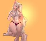 anthro areola big_breasts blush breasts clothed clothing female hand_on_breast navel nipples panties solo topless underwear wide_hips qrichy alicia_(qrichy) canid canine mammal absurd_res hi_res