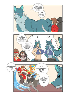 accessory anthro big_breasts blue_body blue_eyes blue_fur breasts brown_hair cleavage clothed clothing dialogue female feral fur hair headband larger_feral male melee_weapon multicolored_body multicolored_fur pupils size_difference smaller_human smaller_male speech_bubble sword text two_tone_body two_tone_fur weapon oumseven animal_humanoid canid canid_humanoid canine canine_humanoid human humanoid mammal mammal_humanoid 3:4 absurd_res comic english_text hi_res
