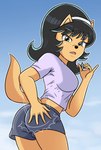 anthro big_breasts biped black_hair bottomwear breasts butt_slap clothing emanata fellatio_gesture female female_anthro gesture green_eyes hair hotpants looking_at_viewer looking_back midriff motion_lines rear_view shirt shorts slap slapping_own_butt slapping_self solo suggestive suggestive_gesture tan_body topwear sumin6301 nickelodeon t.u.f.f._puppy kitty_katswell domestic_cat felid feline felis mammal 2025 absurd_res colored hi_res portrait shaded three-quarter_portrait