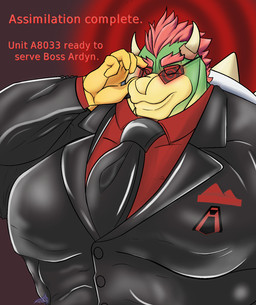 anthro brainwashing clothing drone dronification eyebrows eyewear glasses glowing glowing_eyes hair horn hypnosis hypnotic_visor male mind_control muscular muscular_male red_eyes red_hair ringed_eyes solo suit text wearing_glasses yellow_body indigodigitalos mario_bros nintendo bowser dragon_koopa koopa scalie english_text hi_res