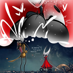 abdominal_bulge antennae_(anatomy) anthro bashful belly big_breasts blush bodily_fluids brass breasts cloak clothing cum cum_inside dialogue dress duo ejaculation female genital_fluids heart_symbol huge_breasts intersex intersex/female map melee_weapon paper red_clothing red_dress ring sex sweat sword tail thought_bubble twitching weapon sillyseacreatur weaver hollow_knight_(franchise) inktober_2025 team_cherry hornet_(hollow_knight) shakra_(hollow_knight:_silksong) arthropod insect 1:1 hi_res