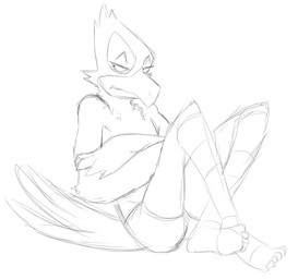annoyed anthro barefoot beak boxer_briefs clothed clothing crossed_arms crossed_legs feet grumpy male open_mouth simple_background sitting solo teeth_showing topless underwear white_background thegreatmatsutzu nintendo star_fox falco_lombardi avian bird black_and_white monochrome sketch