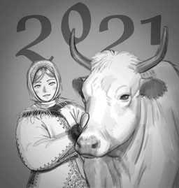 2_horns ambiguous_gender blush clothed clothing duo eyelashes female feral front_view grey_background horn looking_at_viewer simple_background smile winter_clothing wassnonnam bovid bovine cattle human mammal absurd_res hi_res monochrome