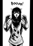 anthro blood blood_on_clothing blood_on_hand bodily_fluids clothing female scar slit_throat smile solo wide_eyed hladilnik carol_(hladilnik) canid canine canis domestic_dog ghost mammal spirit 2021 black_and_white halftone hi_res monochrome pillarbox