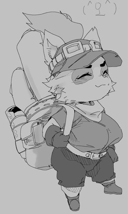 anthro big_breasts biped breasts clothed clothing crossgender eyelashes eyes_closed female fingers footwear fur gloves grey_background handwear hat headgear headwear map mtf_crossgender shoes shortstack shortstack_female simple_background smile solo meckmeck00124 league_of_legends riot_games tencent teemo_(lol) yordle hi_res monochrome