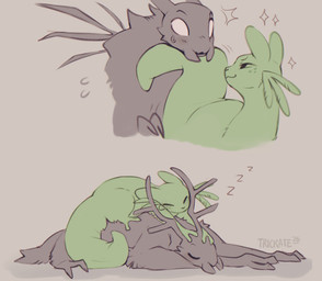 ambiguous_gender antlers bodily_fluids chin_grab cuddling duo eyes_closed feral horn looking_back lying mandibles on_front sleeping sleeping_together sound_effects sparkles surprised sweat sweatdrop vowelless vowelless_sound_effect white_eyes zzz trickate rain_world videocult parsley_(trickate) scavenger_(rain_world) slugcat 2026 digital_media_(artwork) hi_res signature