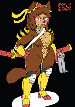 anthro bodysuit breasts brown_hair cleavage clothed clothing cosplay crossover_cosplay eyewear female fur glasses gun hair melee_weapon ranged_weapon skinsuit solo sword tan_body tan_fur tight_clothing weapon xxtheoneguyxx bayonetta gameoverse glitch_productions platinumgames kit_bodega domestic_cat felid feline felis mammal absurd_res crossover digital_drawing_(artwork) digital_media_(artwork) hi_res