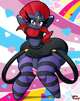 :3 anthro big_butt big_penis biped butt circumcised clothing crop_top eyelashes fangs femboy flaccid forehead_gem gem genitals glans hands_behind_head huge_butt huge_penis humanoid_genitalia humanoid_penis knock-kneed legwear lgbt_pride looking_at_viewer male male_anthro midriff navel pattern_clothing pattern_legwear pattern_stockings penis pride_colors red_eyes shirt solo standing stockings striped_clothing striped_legwear striped_stockings stripes suspenders teeth text thick_eyelashes topwear lunaris_parukia nintendo pokemon generation_4_pokemon pokemon_(species) weavile absurd_res artist_name colored hi_res shaded