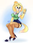 bottomwear breasts cleavage clothed clothing crossed_legs feet female footwear high_heels legwear nipple_outline paper pencil_skirt shoes sitting skirt solo stockings minxydoodle animal_crossing nintendo isabelle_(animal_crossing) canid canine canis domestic_dog mammal hi_res