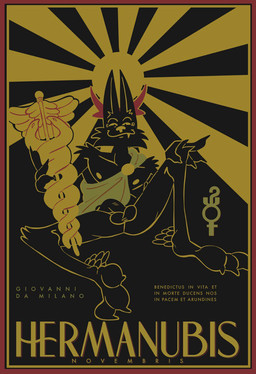 anthro balls caduceus caduceus_staff clothing erection genitals looking_at_viewer male naughty_face nipples penis robe smile smirk solo text kaisertaylorproducts egyptian_mythology european_mythology greek_mythology middle_eastern_mythology mythology syncretism hermanubis anubian_jackal canid canine canis deity jackal mammal hi_res latin_text