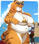 anthro big_breasts bikini black_body black_fur blue_body blush bodily_fluids breasts clothing day eyewear female floppy_ears fur gold_bikini group hair huge_breasts kemono long_hair male navel orange_body orange_eyes orange_fur orange_hair outside overweight overweight_anthro overweight_female sharp_teeth standing striped_body striped_fur stripes sunglasses sweat sweatdrop swimming_trunks swimwear tan_body tan_fur teeth thick_thighs two-piece_swimsuit white_body white_fur akitaka golden_week canid canine canis domestic_dog felid fish mammal marine pantherine shark tiger wolf hi_res