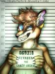 anthro brown_hair chart chart_background claws fur glowing glowing_eyes hair height_chart holding_object holding_sign imperial_unit jail_placard number placard police_lineup sign simple_background smile solo teeth text unit manulfacture xevrrer_(character) canid canine canis jackal mammal 2017 3:4 english_text hi_res