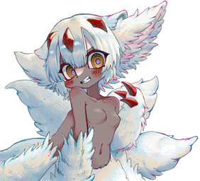 3_claws 4_arms big_eyes blush blush_lines breasts brown_body brown_eyes claws collarbone featureless_breasts female fur grin grinning_at_viewer looking_at_viewer multi_arm multi_limb multi_tail multicolored_eyes navel purple_eyes red_claws sharp_teeth simple_background small_breasts smile smiling_at_viewer solo standing tail teeth white_background white_body white_fur oyaoya915 made_in_abyss faputa humanoid narehate 2026 hi_res