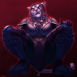 abstract_background anthro armor boots braided_hair clothing crouching curled_tail ear_piercing ear_ring extreme_size_difference facial_jewelry fangs female footwear fur glowing glowing_eyes hair jewelry larger_anthro larger_female leather leather_armor macro metal_claws piercing red_armor red_background red_eyes ring_piercing shoes silhouette simple_background size_difference squatting_pose tail teeth white_body white_fur conditional_dnp ratte microsoft the_elder_scrolls dra'ni felid khajiit mammal vampire 1:1 2025 hi_res