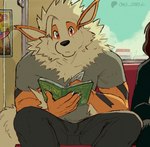 anthro anthro_focus anthrofied black_bottomwear black_clothing black_pants book bottomwear claws clothed clothing duo finger_claws fully_clothed fur grey_clothing grey_shirt grey_topwear hair holding_book holding_object inside looking_at_viewer male monotone_clothing muscular muscular_male orange_arms orange_body orange_ears orange_fingers orange_fur orange_hands pants pokemorph red_eyes shirt sitting solo_focus tan_body tan_fur tan_hair topwear white_claws dahecksajerry nintendo pokemon arcanine generation_1_pokemon pokemon_(species)