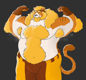 accessory anthro arm_hair armpit_fetish armpit_hair armpit_musk belly belly_hair big_belly blonde_hair body_hair brown_clothing chest_hair chest_tuft clothing fangs flexing flexing_bicep flexing_both_biceps fur fur_tuft gloves hair handwear headband male markings musclegut muscular solo striped_markings striped_tail stripes tail tail_markings teeth tuft nukkiburr epic_games fortnite meowtooth felid feline felis mammal pantherine prehistoric_species saber-toothed_tiger absurd_res hi_res