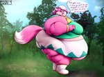 2023 anthro canid canine clothed clothing clothing_lift day female forest fox fur hi_res mammal melody_amaranth morbidly_obese obese overweight overweight_female pink_body pink_fur plant purple_text solo speech_bubble super_lesbian_animal_rpg text trans_(lore) trans_woman_(lore) tree wenisberry