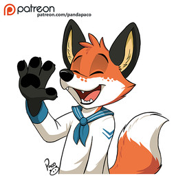 anthro black_ears black_nose black_pawpads cheek_tuft clothed clothing dipstick_tail eyes_closed facial_spots facial_tuft fur gesture logo male male_anthro markings open_mouth open_smile orange_body orange_fur pawpads simple_background smile solo spotted_face tail tail_markings text topwear tuft waving waving_at_viewer white_background white_body white_clothing white_fur white_topwear young young_anthro young_male pandapaco canid canine fox mammal artist_logo signature url