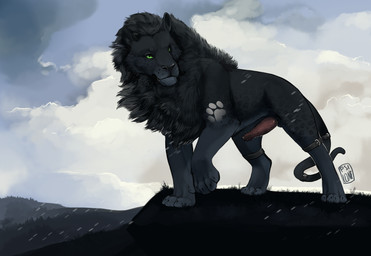 animal_genitalia animal_penis black_body black_fur cloud erection feline_genitalia feline_penis feral fur genitals green_eyes male mane markings outside penile_spines penis pink_penis solo spots spotted_body spotted_fur whisker_spots i-psilone felid hybrid leopard lion mammal pantherine 2018