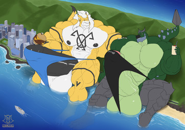 abs balls big_balls big_muscles big_penis city clothing cybernetic_leg cybernetic_limb duo food genitals hair hand_on_shoulder holding_food holding_object huge_balls huge_muscles huge_penis hyper hyper_balls hyper_genitalia hyper_muscles hyper_penis macro male mountain muscular nipples pecs penis seaside speedo swimwear tenting regnar bandai_namco digimon grockle veegrowmon dinosaur kaiju ornithischian prehistoric_species reptile scalie stegosaurian thyreophoran absurd_res hi_res