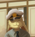 anthro clothing eyes_closed fur happy headgear headwear inside male necktie shirt smile solo topwear white_clothing white_headwear window yellow_body yellow_fur torasansousaku_(artist) carninghyen lagomorph leporid mammal rabbit 2022 hi_res